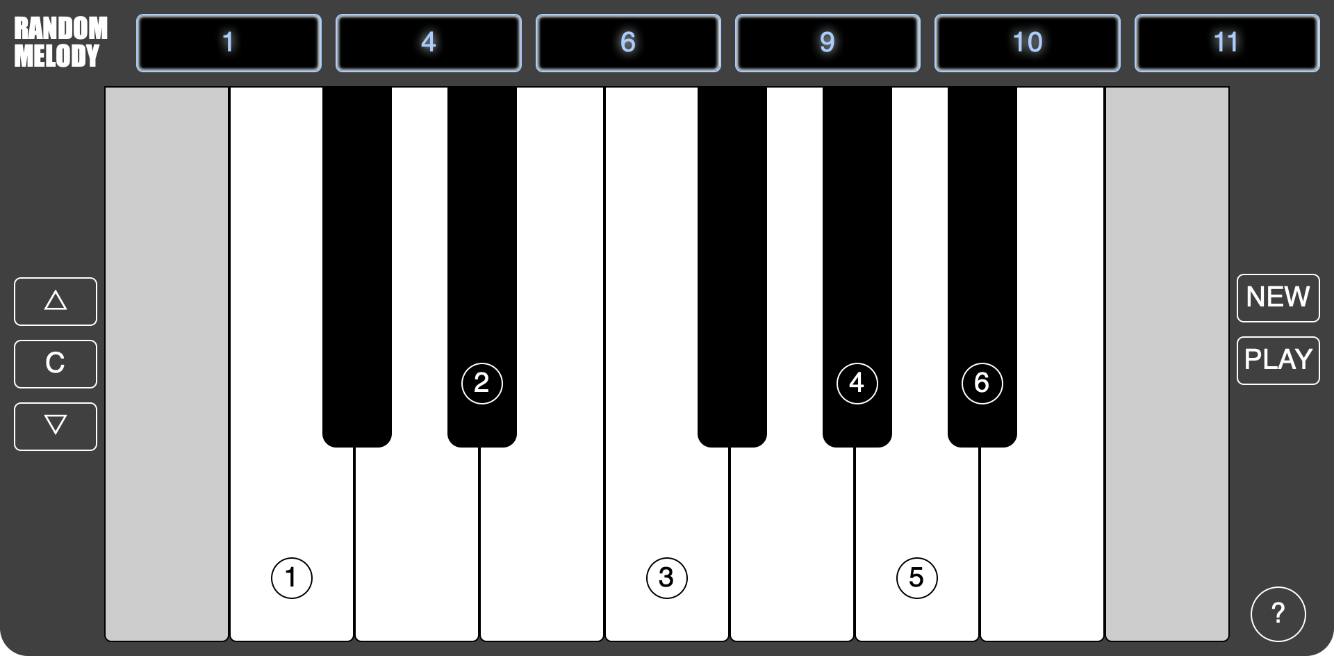 A screenshot the Random Melody app that the author built. It features a piano keyboard with key numbered with the order in which they should be played