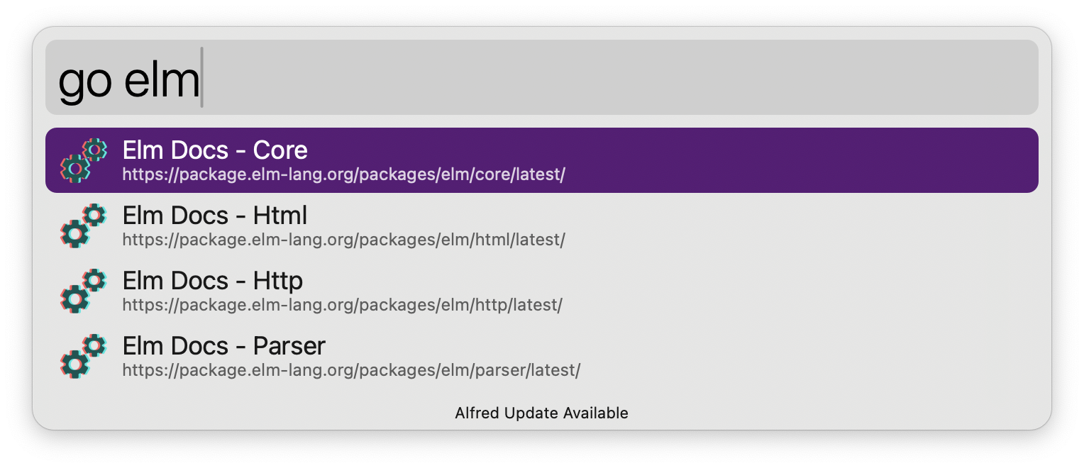 A screenshot of Alfred window with “elm” typed in it showing a list matching bookmarks.