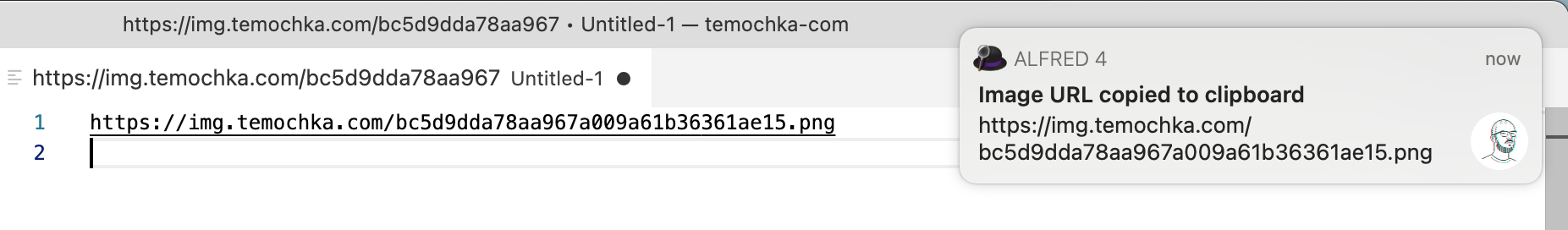 Text showing an image URL alongside a macOS notification reading “Image URL copied to clipboard”